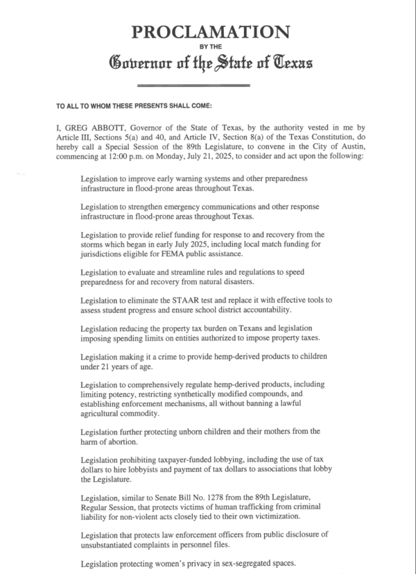 Governor Abbott Releases Special Session Proclamation Agenda - Texas ...