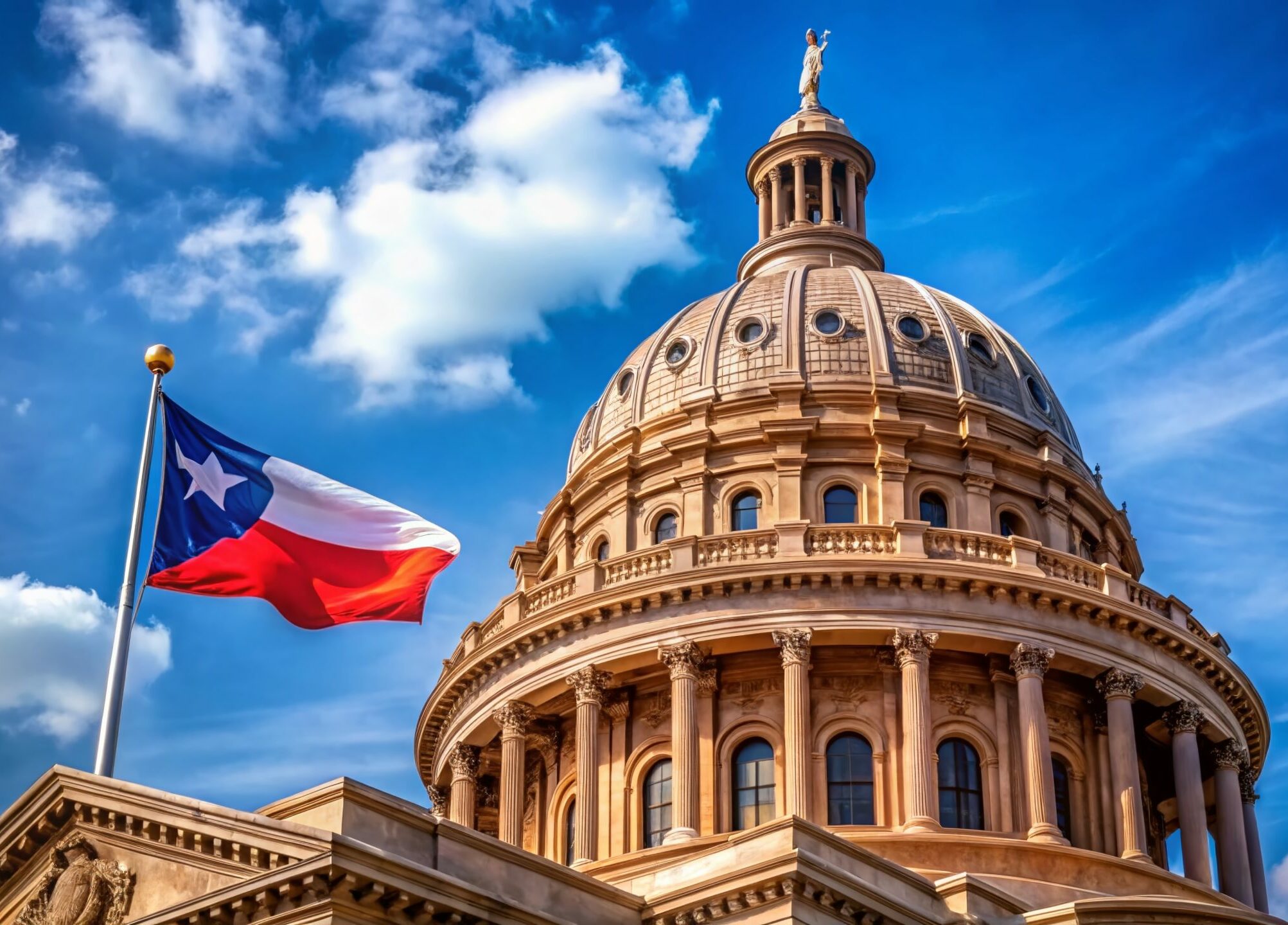 Texas flag beside the State Capitol