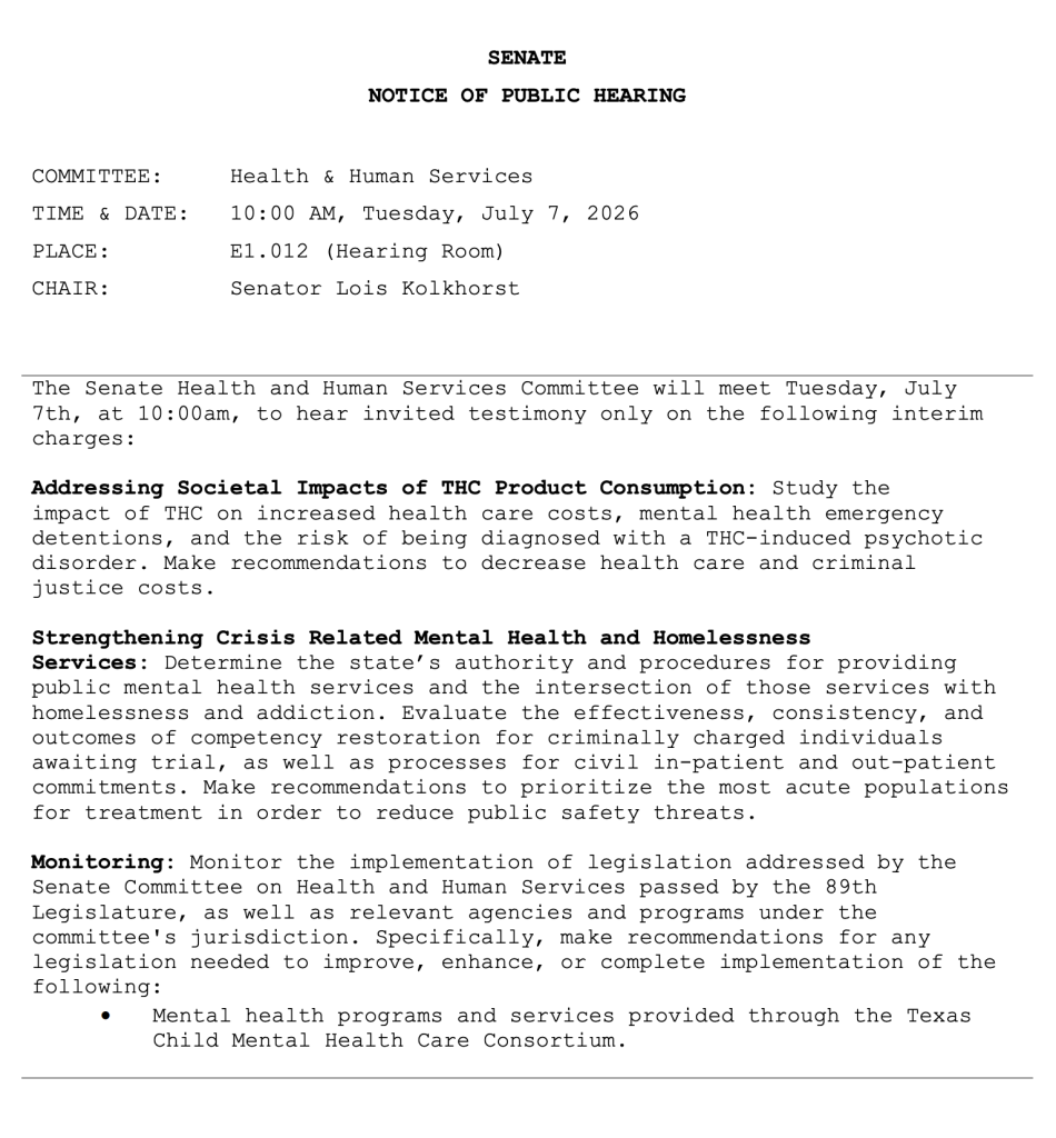 Texas Senate July 7th hearing announcement for THC interim charges
