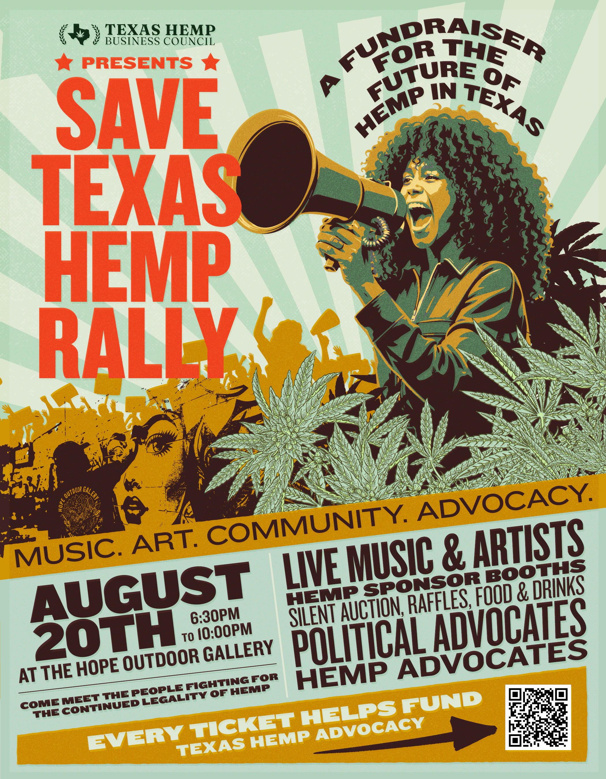 Official Save Texas Hemp Rally flyer for August 20 at HOPE Outdoor Gallery in Austin, Texas