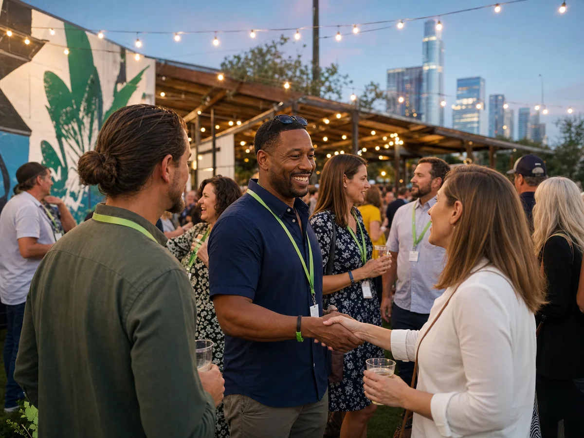 Promotional scene of hemp industry professionals and community advocates networking outdoors