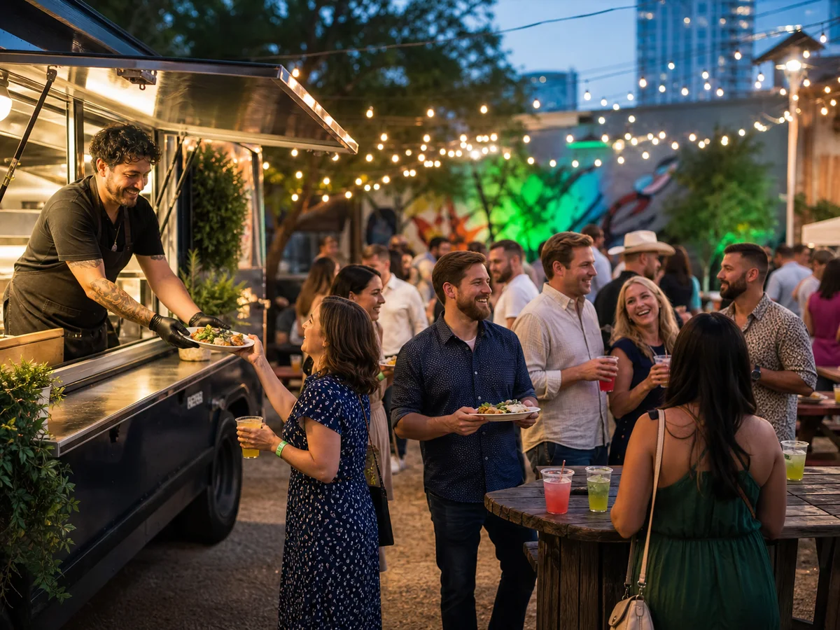 Promotional scene of attendees enjoying food and drinks from an outdoor vendor
