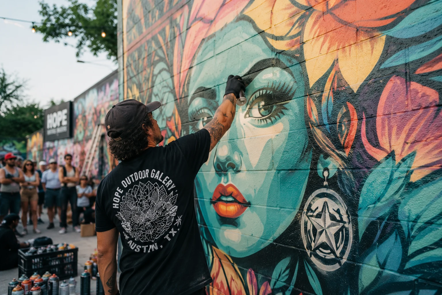 Muralist spray-painting a colorful wall at HOPE Outdoor Gallery in Austin
