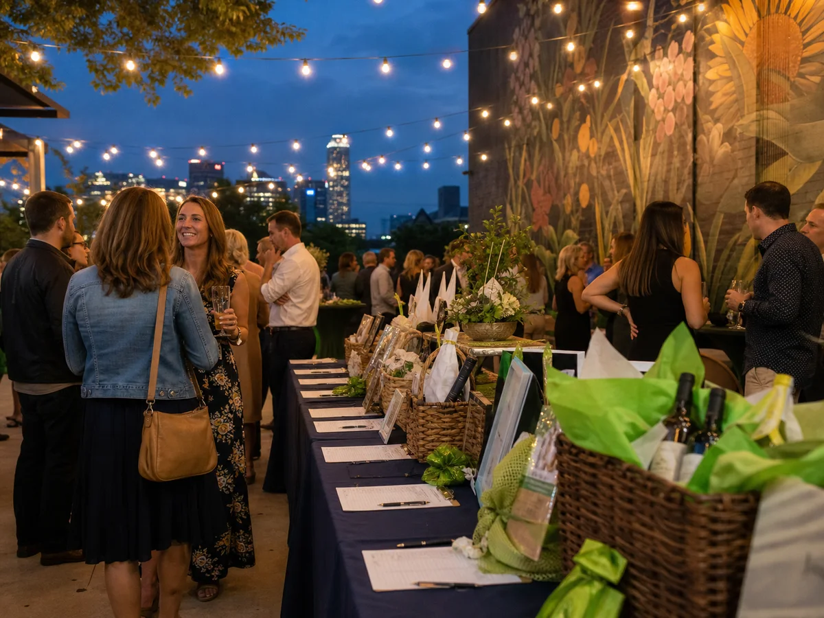 Promotional scene of attendees browsing silent auction and raffle displays at an outdoor fundraiser