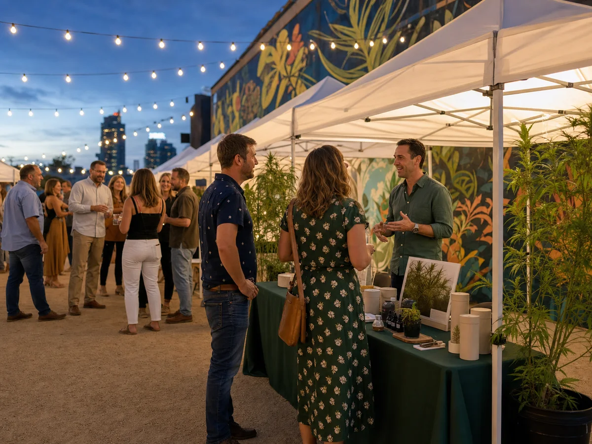 Promotional scene of attendees visiting hemp industry sponsor booths at an outdoor fundraiser